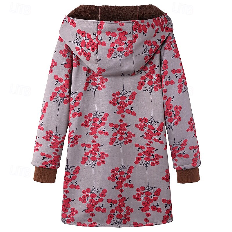 Women's Winter Coat Coat Hoodie Jacket Warm Comfortable Pocket Buttons Casual Floral Vacation Going out Weekend Regular Hoodie Regular Fit Long Sleeve Outerwear White Yellow Red Fall Winter3