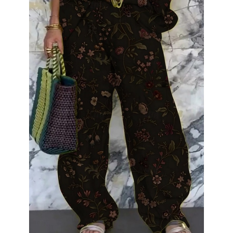 Women's Vacation Fashion Pants Sets 3/4 Length Sleeve V Neck Floral Print Vacation Daily Holiday Black Summer Regular Fit3