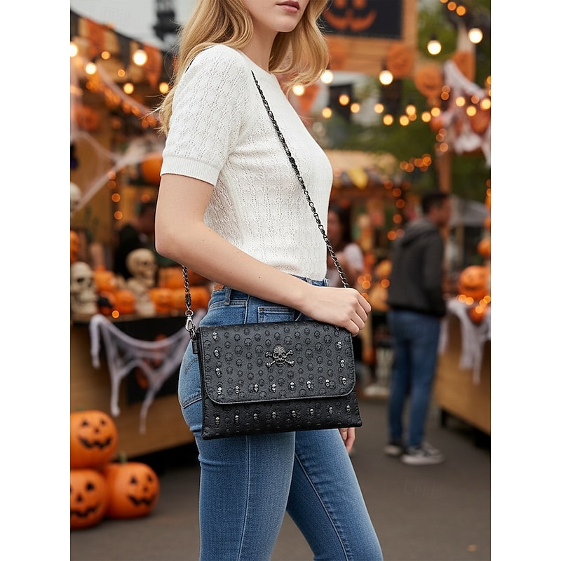 Women's Halloween Skull Crossbody Bag – Faux Leather Gothic Shoulder Purse with Chain Strap for Party, Cosplay and Night Out4