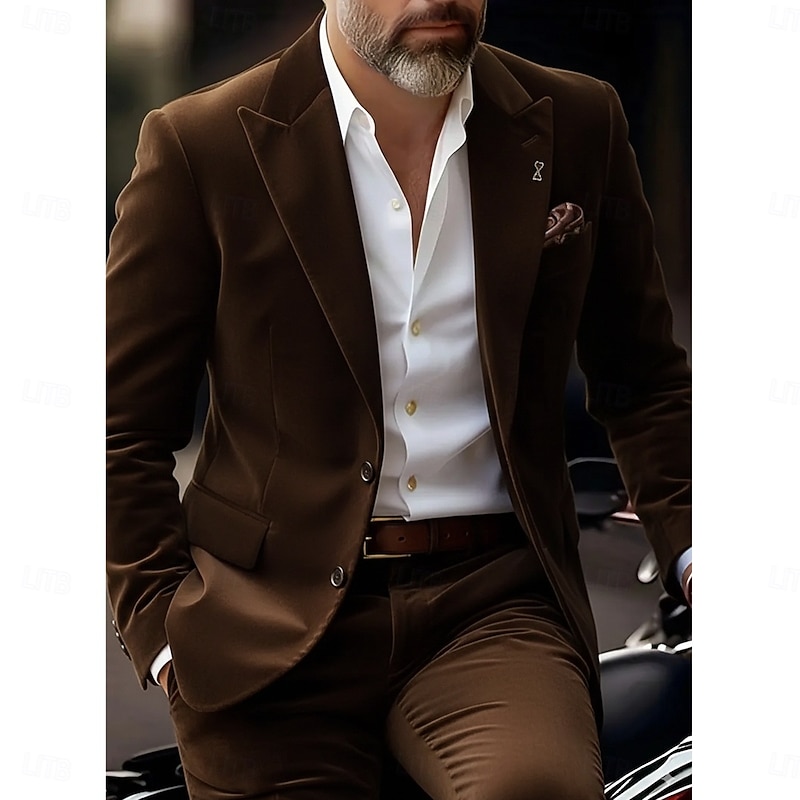 Men's Wedding Casual Business Velvet Suits Peaked Lapel Black Brown Daily Formal Solid Colored Tailored Fit 2 Piece Single Breasted Two-buttons