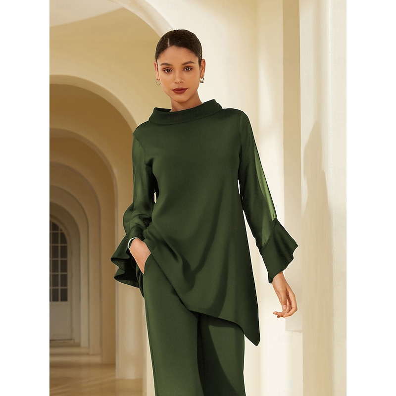 Women's Army Green Solid Chiffon Tencel Roma Patchwork Ruffle Three Quarter Sleeve Stand Collar Blouse3