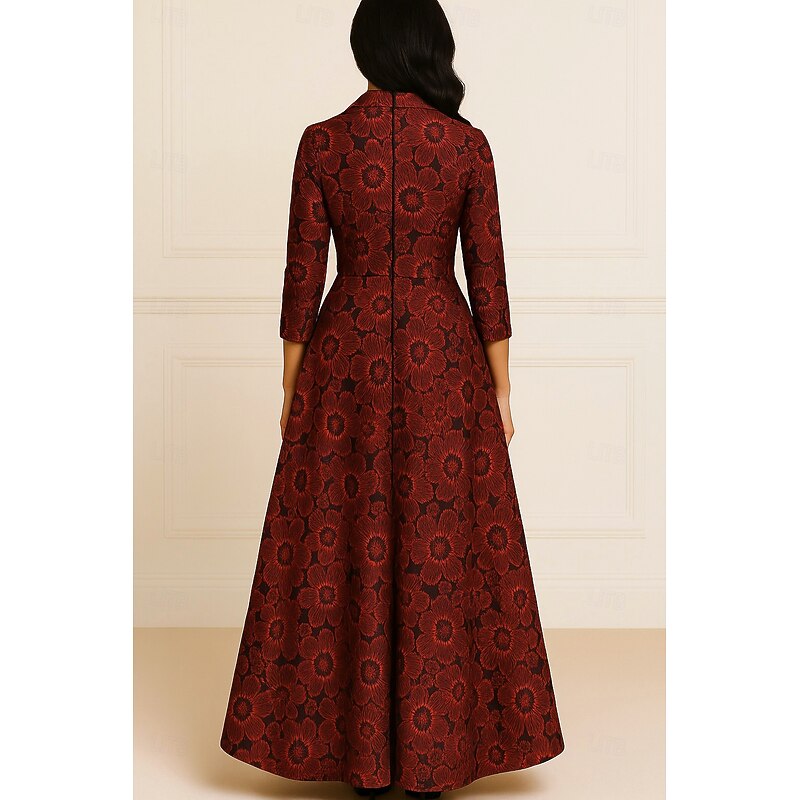 Red A-Line Evening Gown Elegant Formal Dress Formal Wedding Asymmetrical Short Sleeve Shirt Collar Pocket Nylon with Floral Print 20253