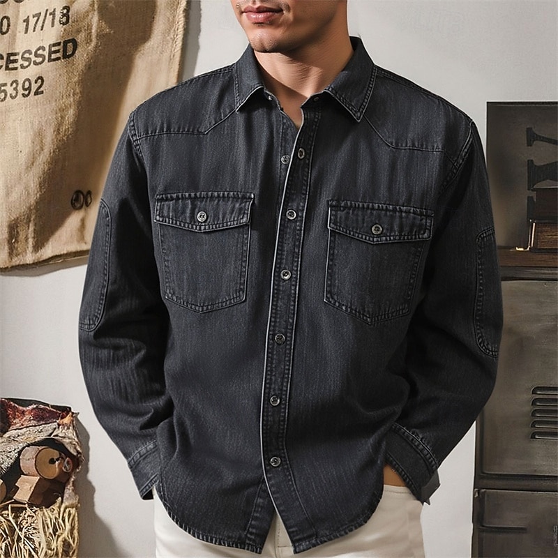Men's Shirt Summer Shirt Casual Shirt Button Up Shirt Denim Shirt Black Blue Long Sleeve Plain Lapel Vacation Hawaiian Pocket Clothing Apparel Polyester Fashion Casual Comfortable3