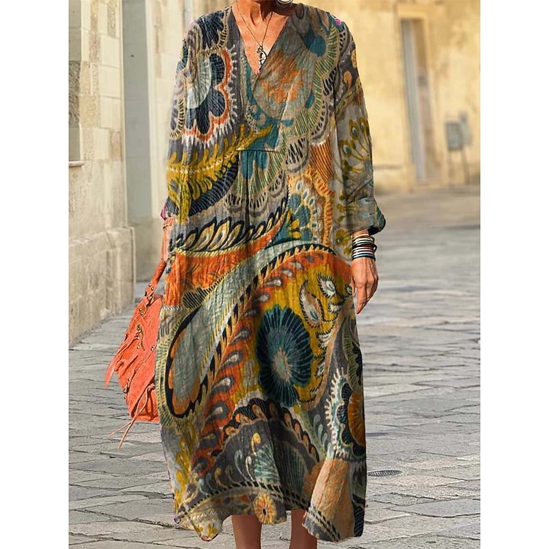 Women's Midi Dress Sundress A Line Dress Vacation Casual Boho Going out Beach Loose Fit Graphic Geometric Long Sleeve V Neck Pink Blue Light Purple Brown Spring Fall Winter Autumn