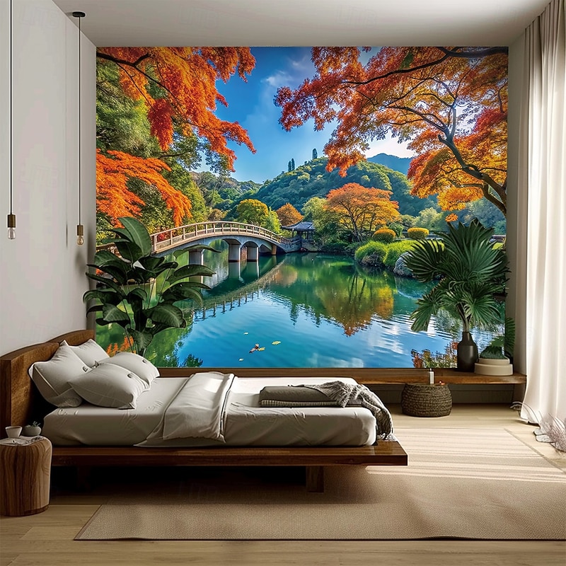 Tapestry Blanket Wall Hangings Landscape Nature Bridge Lake 3D Bedroom Living Room Dorm Teens Room College Dorm Guys Man Cave Frat Bedroom Home Decor3