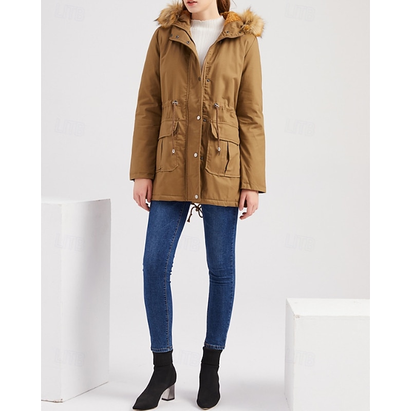 Women's Winter Coat Hoodie Jacket Warm Comfortable Zipper Pocket Casual Plain Vacation Daily Wear Going out Weekend Long Hooded Regular Fit Long Sleeve Outerwear Black Wine Khaki Fall Winter