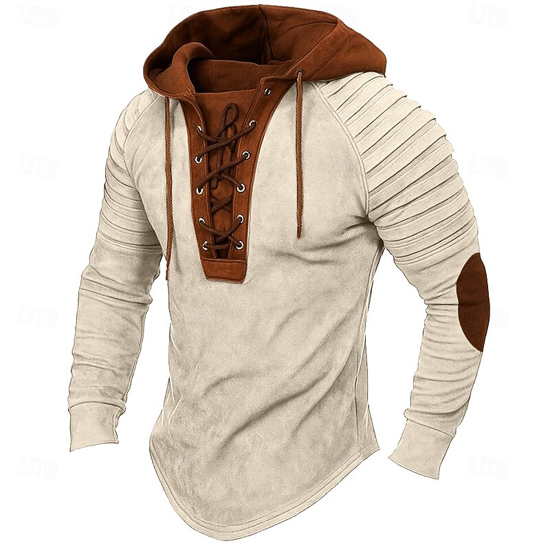 Men's T Shirt Tee Top Long Sleeve Shirt Long Sleeve Hooded Spring &  Fall All Seasons Color Block Slim Pleated Fashion Designer Sporty Drawstring Patchwork Vacation Street Casual Black Gray khaki Top3