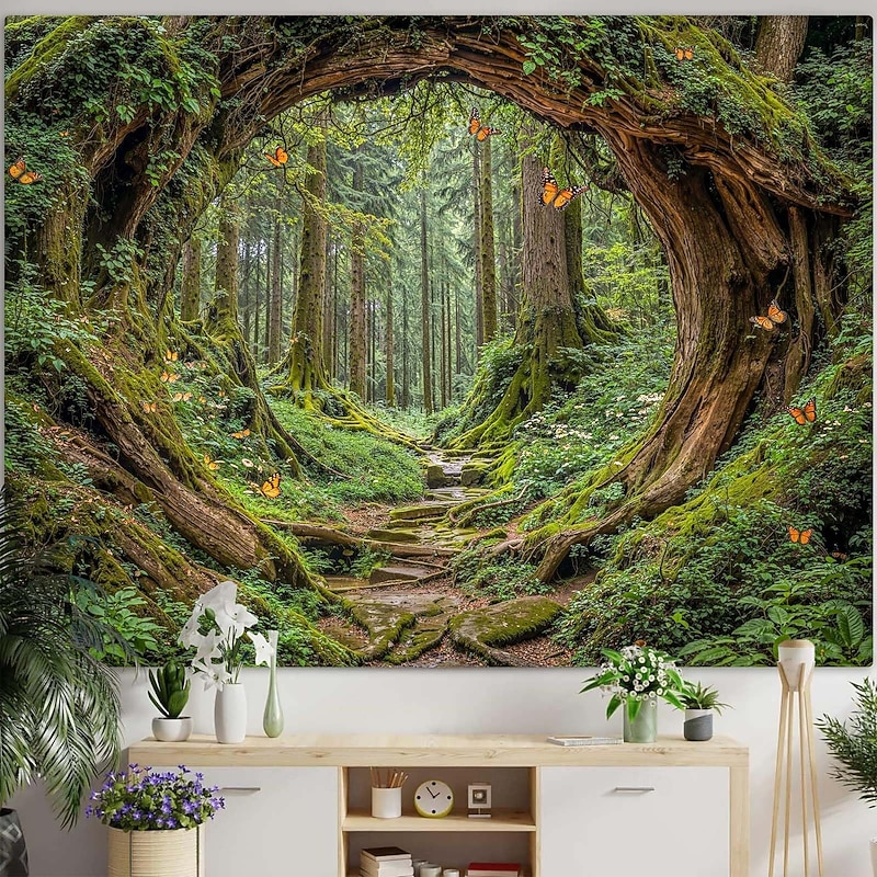 Beautiful Green Forest Tree Branch Circle Hole Landscape Hanging Tapestry Wall Art Large Tapestry Mural Decor Photograph Backdrop Blanket Curtain Home Bedroom Living Room Decoration3