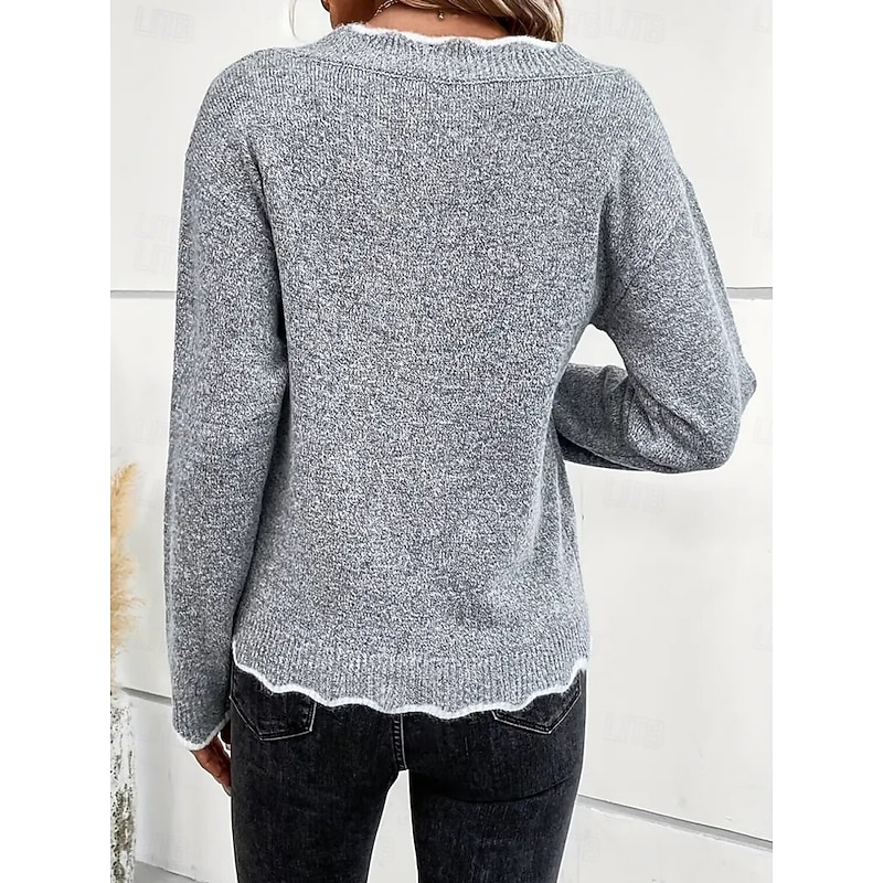Women's Sweater Casual Soft Pure Color Ribbed V Neck Knitted Long Sleeve Regular Tops Knit Outdoor Daily Weekend Khaki Gray Fall Winter4