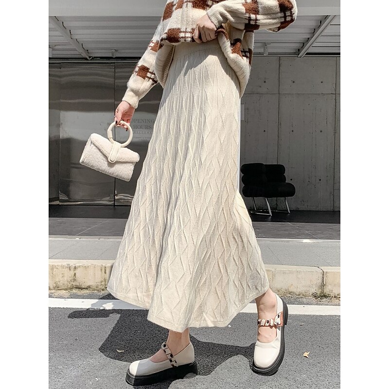 Women's Skirt A Line Fashion Casual Maxi High Waist Skirts Plain Knitting Stretchy Street Daily Black Camel Beige Gray Spring Knit Polyester