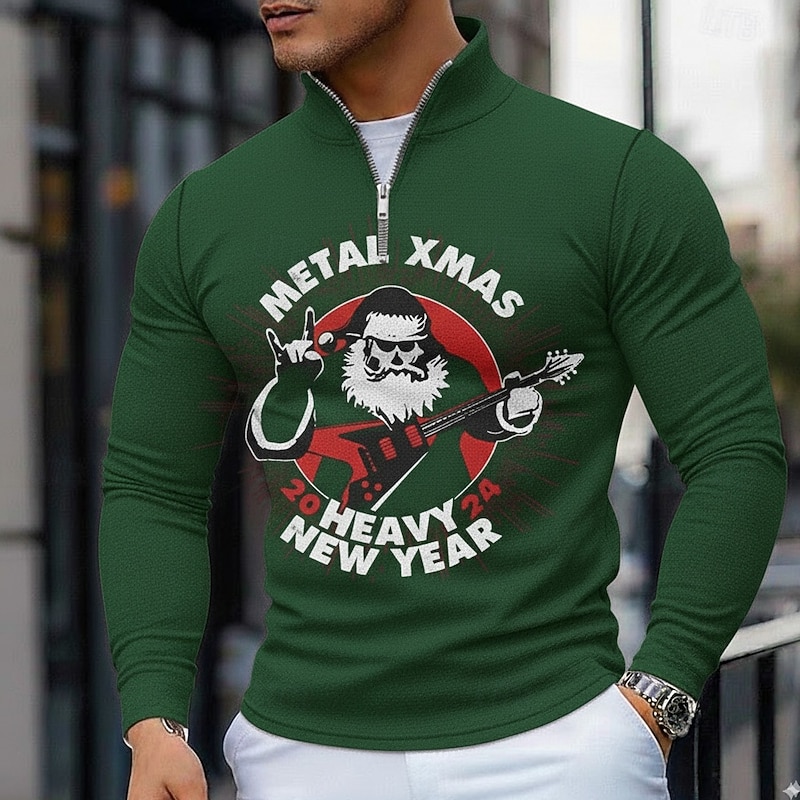 Christmas Men's Christmas Pattern Polo Long Sleeve Polo Shirts Grandad Collar Casual Holiday Daily Wear Festival Outfit 3D Print Quarter Zip Polo Spring Fall Winter Black Red Green2