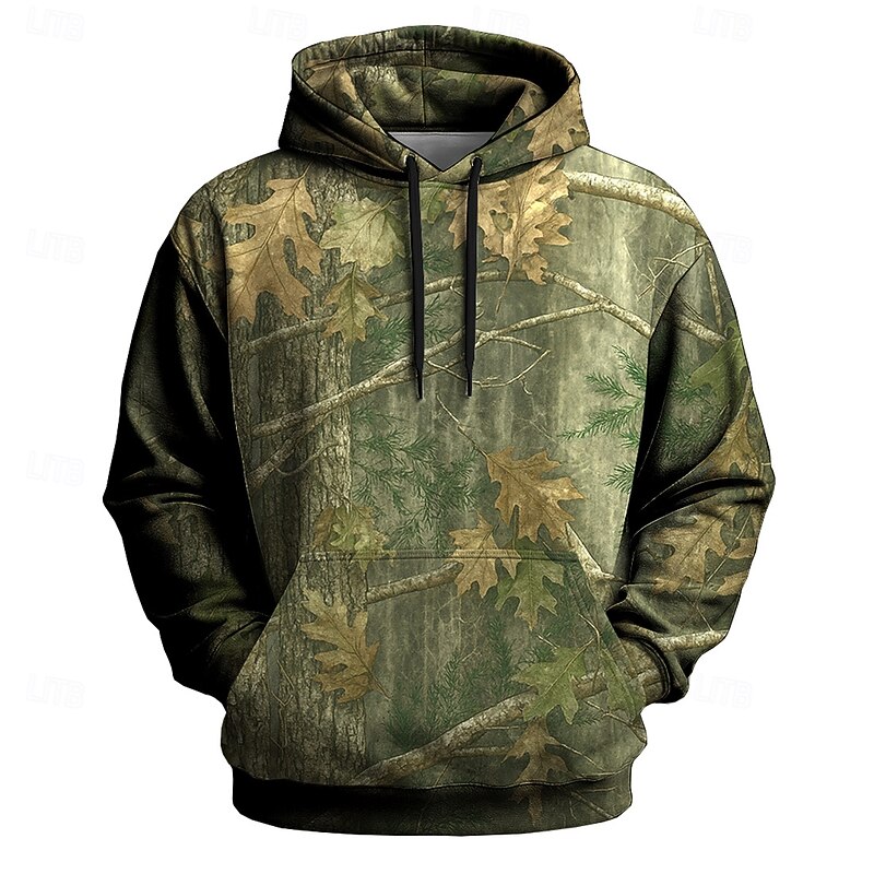 Men's Camo Camouflage Hoodie Sweatshirt Tactical Crew Neck Hunting Blue Green Drawstring Fall Winter Designer