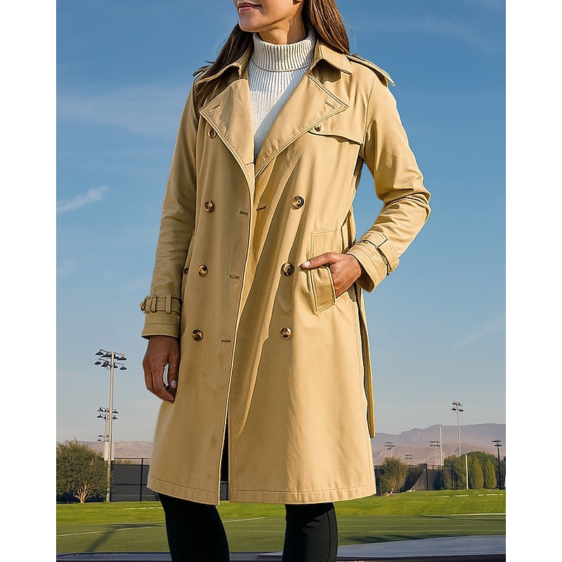 Women's Overcoat with Belt Double Breasted Long Trench Coat Classic Long Sleeve Top Athleisure Fall Solid Colored Cotton Windproof Outdoor Travel Vacation Sportswear Activewear Black Khaki Coffee4