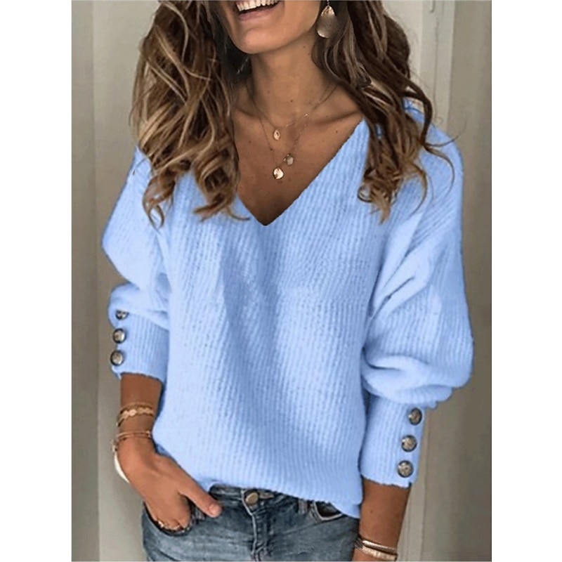 Women's Sweater Casual Soft Pure Color Ribbed V Neck Buttons Knitted Long Sleeve Regular Tops Knit Outdoor Daily Weekend Black White Fall Winter2
