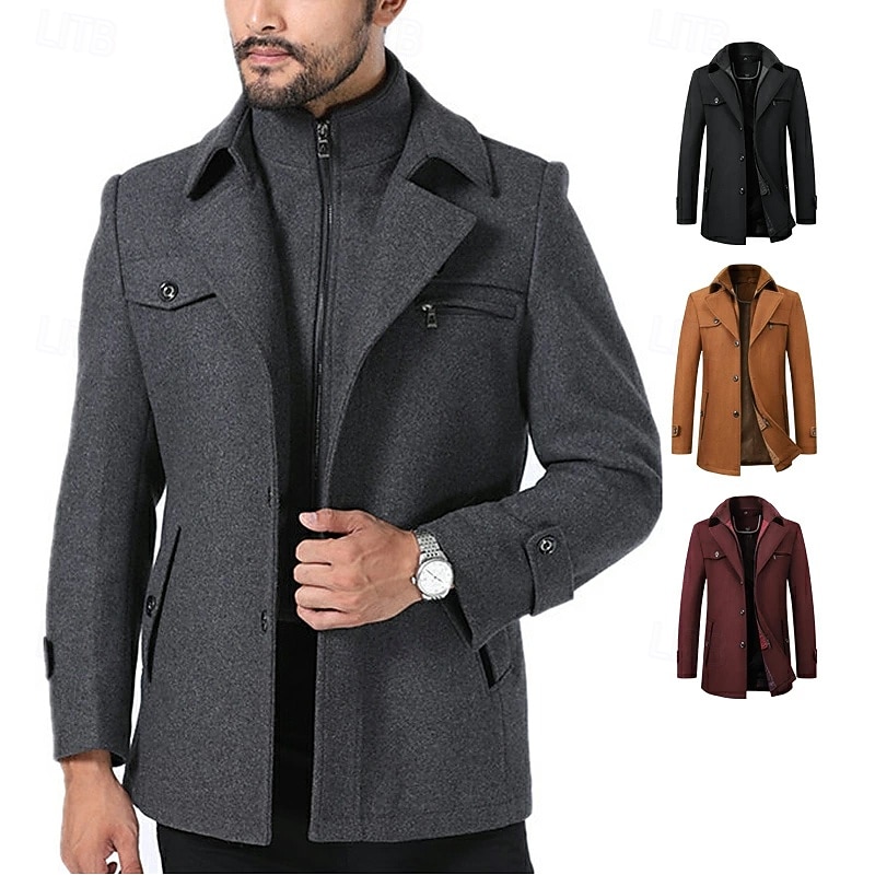 Men's Winter Coat Wool Coat Overcoat Business WorkWear Winter Wool Windproof Warm Outerwear Clothing Apparel Basic Essential Solid Colored Turndown4