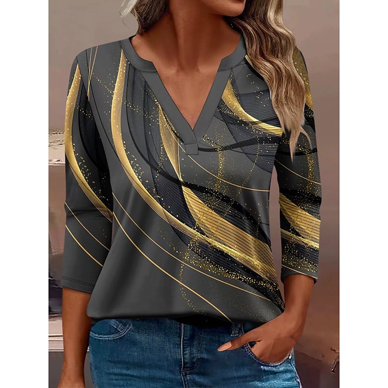 Women's T Shirt Graphic Geometric Abstract Vintage Stylish Classic Long Sleeve V Neck Notched Neck Regular Tops Daily Print Blue Purple Gold Green Spring Fall Winter
