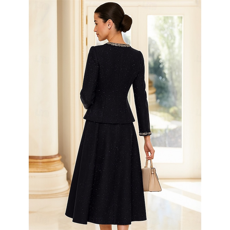 Two Piece Dress Sets Mother of the Bride Dress Formal Elegant Tailored Crew Neck Tea Length Woolen Long Sleeve Short Jacket Skirts with Sash / Ribbon2