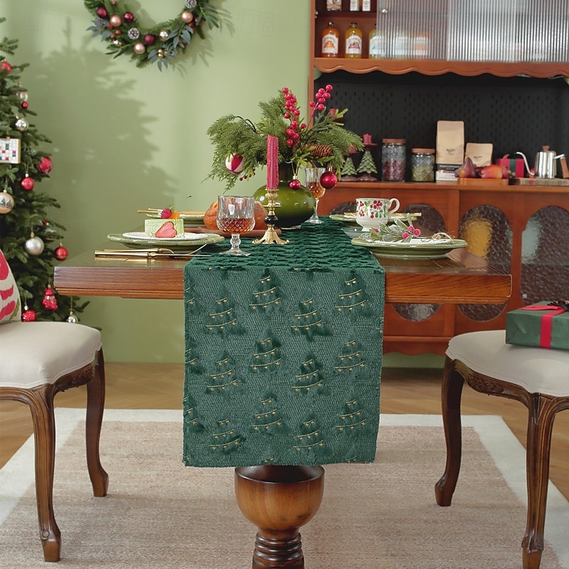 Plush Embroidered Green Christmas Table Runner, Bed Scarf, Festive Holiday Tablecloth, Decorative Cover for Dining Table2