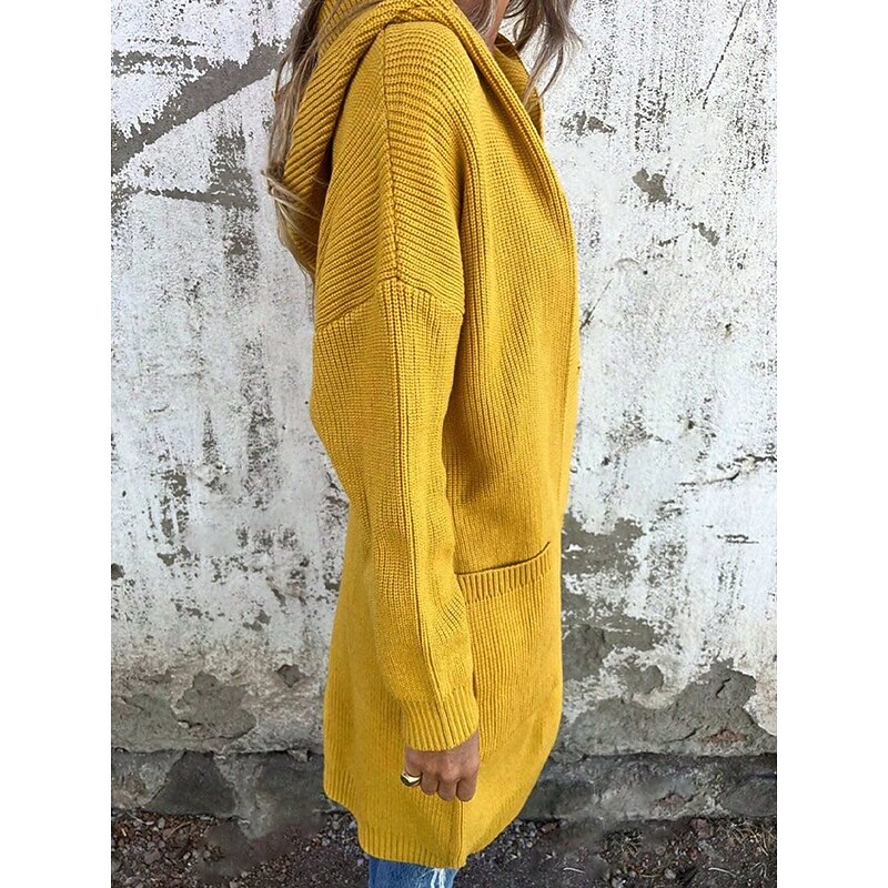 Women's Sweater Cardigan Elegant Fashion Streetwear Solid Color Pure Color Hooded Pocket Knitted Long Sleeve Long Tops Knit Outdoor Daily Weekend Black Yellow Fall Winter3