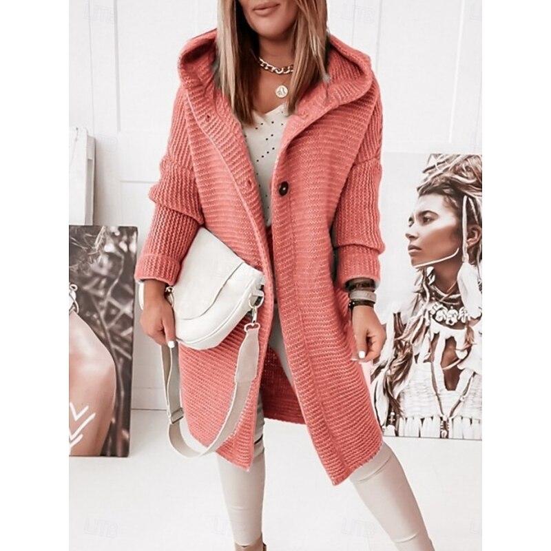 Women's Sweater Casual Soft Pure Color Ribbed Hooded Buttons Knitted Long Sleeve Regular Tops Knit Outdoor Daily Weekend Pink Red Fall Winter4