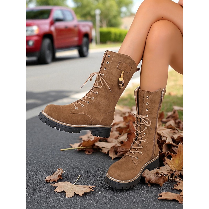 Women's Mid-Calf Lace-Up Combat Boots with Chunky Sole, Casual Military Style Boots for Outdoor and Streetwear3