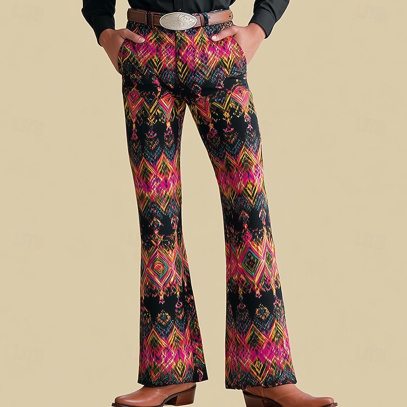 Men's Geometric Plaid Grid Pattern Trousers Disco Pants 60s 70s Bell Bottoms Mid Waist Western Vintage Retro Outdoor Vacation Casual Side Pockets Flared Leg Pants Trousers Spring Fall 3D Print Black