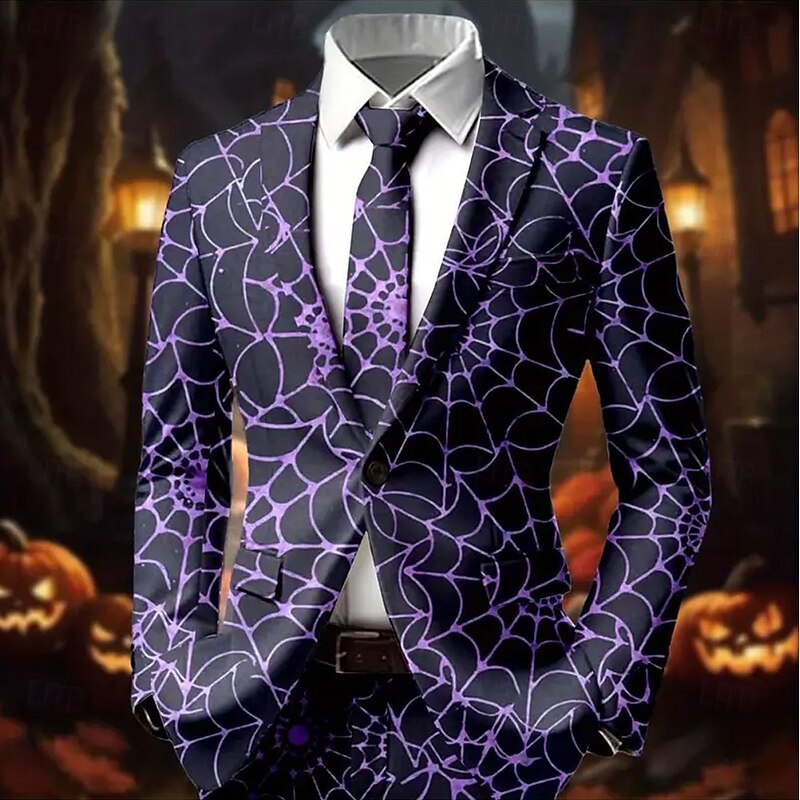 Men's Spider web Blazer Jacket Coat Comfortable Breathable Artistic Casual Party Daily Festival 3D Print Buttons Multi Pocket Fall & Winter Flat collar Long Sleeve Black Red Purple4