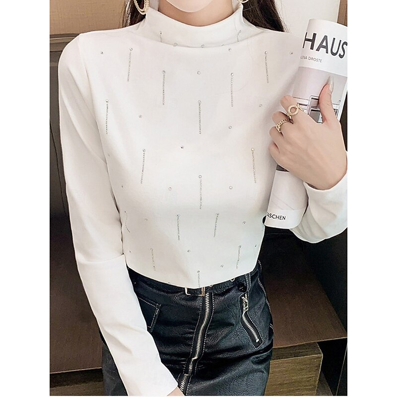 Women's Blouse Solid Color Stylish Casual Long Sleeve Turtleneck Regular Tops Daily Black White Brown Spring Fall Winter4