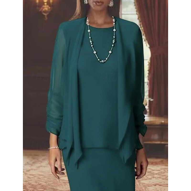 3 Piece Sheath Mother of the Bride Dress Formal Wedding Guest Elegant Scoop Neck Floor Length Chiffon Long Sleeve Wrap Included with Solid Color3
