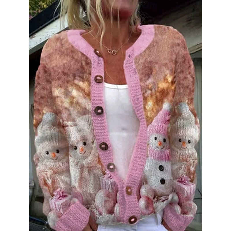 Women's Cardigan Daily Stylish Floral Graphic Snowman Ribbed Crew Neck V Neck Buttons Print Long Sleeve Regular Tops Knit Outdoor Weekend Pink Red Fall Winter
