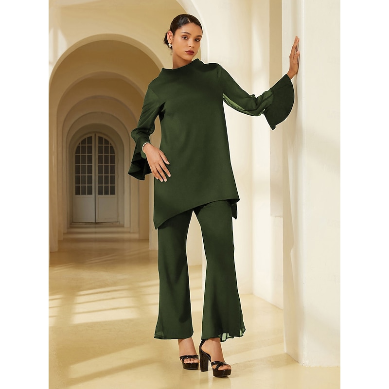 Women's Army Green Solid Chiffon Tencel Roma Patchwork Ruffle Three Quarter Sleeve Stand Collar Blouse2
