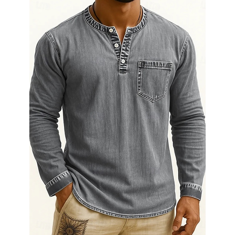 Men's Henley Shirt Tee Vintage Shirt Long Sleeve Solid Color Plain Solid Vintage Fashion Retro Buttons Henley Outdoor Casual Daily Summer Spring All Seasons Black Pink Gray Henley T-Shirt4