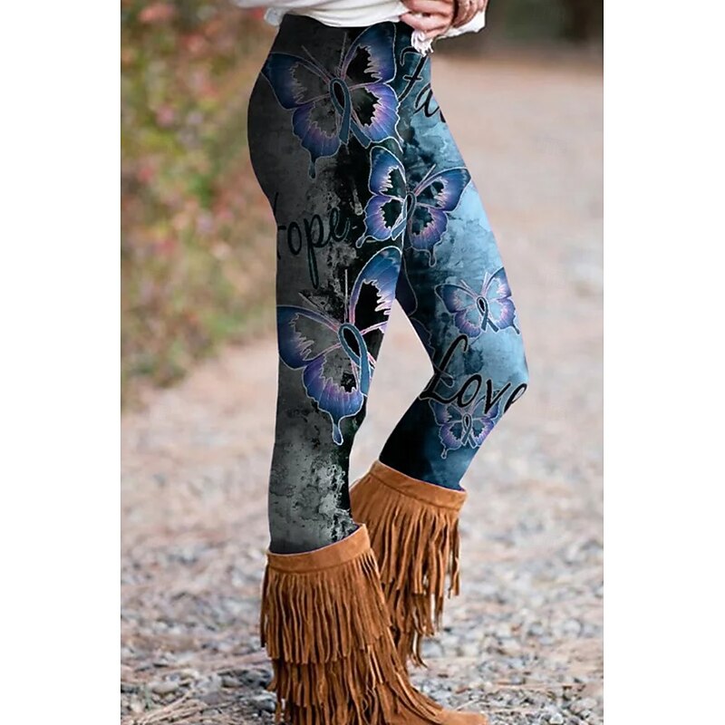 Women's Leggings Vacation Vintage Ethnic Style Full Length High Waist Graphic Butterfly 3D Print Quick Dry Breathability Soft High Elasticity Outdoor Home Causal Yellow Blue Purple Green Fall Slim Fit2