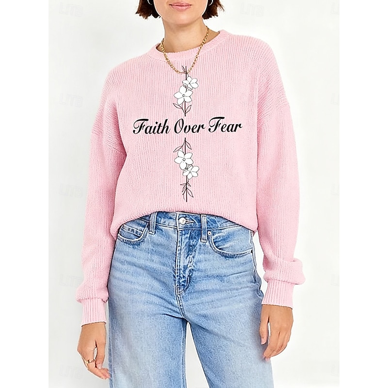 Women's Sweater Pullover Daily Casual Graphic Letter Ribbed Crew Neck Knitted Print Long Sleeve Regular Tops Knit Outdoor Weekend Pink Fall Winter
