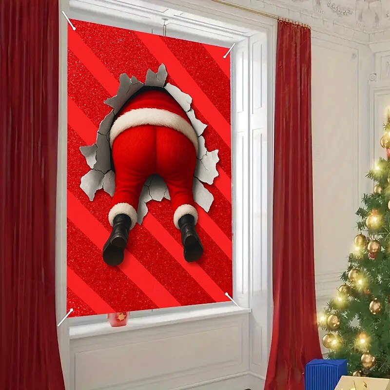 Christmas Santa Claus Butt Funny Curtain,2025 Xmas Novelty Window Curtain Door Cover for Holiday Party Decor, Indoor Outdoor Front Door Hanging Tapestry2