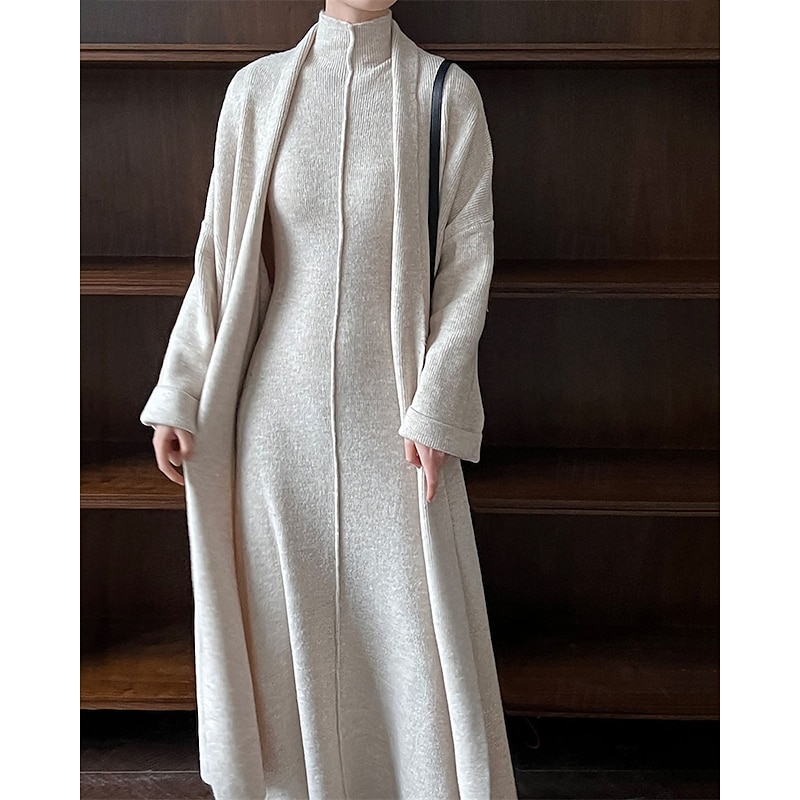Women's Long Dress Maxi Dress Knit Dress Casual Dress Dress Set Elegant Fashion Modern Outdoor Daily Going out Regular Fit Plain Long Sleeve Stand Collar Beige Winter Autumn3