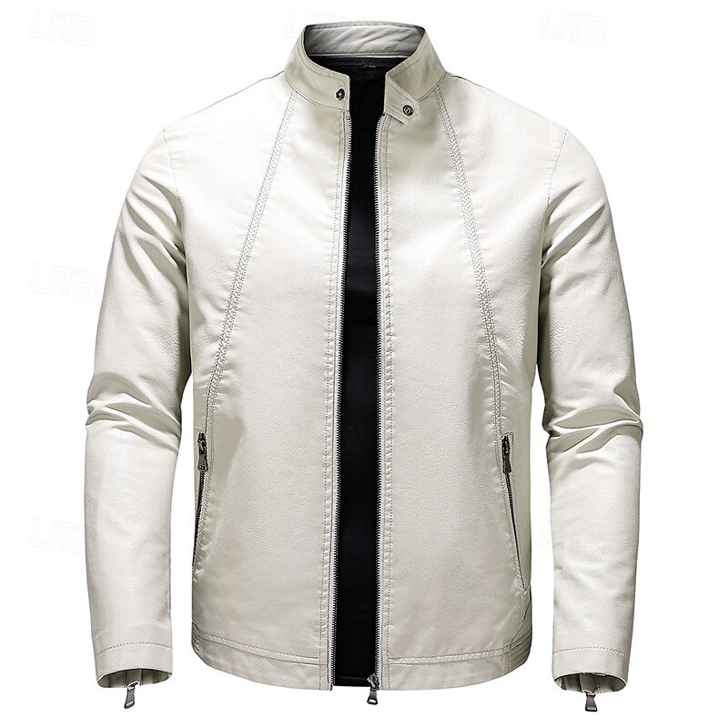 Men's Faux Leather Jacket Fleece Jacket Biker Jacket Motorcycle Jacket Vacation Daily Windproof Warm Pocket Fleece Fall Winter Plain Fashion Classic Stand Collar Regular Black White Wine Jacket3