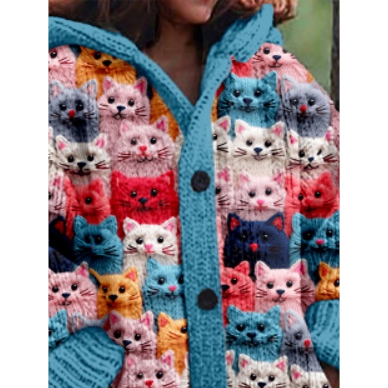 Women's Sweater Cardigan Casual Soft Animal Ribbed Hooded Pocket Buttons Knitted Long Sleeve Long Tops Knit Outdoor Daily Weekend Blue Green Fall Winter2