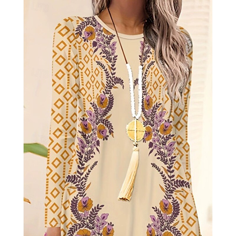 Women's Long Dress Maxi Dress Boho Dress Elegant Vintage Fashion Outdoor Daily Going out Regular Fit Graphic Flower Long Sleeve Crew Neck Black Yellow Pink Blue Spring Autumn2
