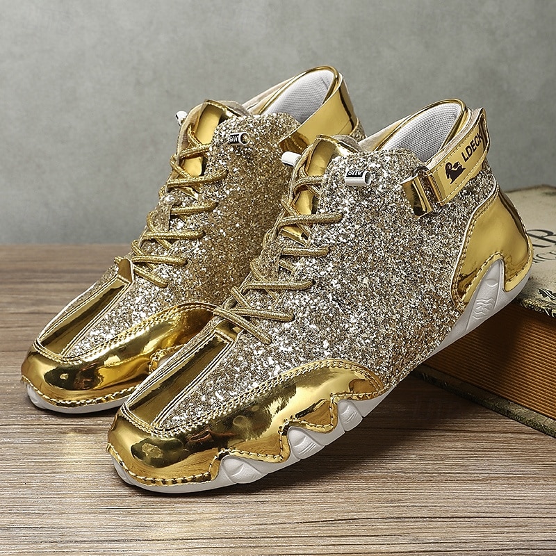 Men's Gold and White High-Top Sneakers with Shiny Detailing – Stylish and Bold, Perfect for Parties, Fashionable Nights, and Trendy Outfits2