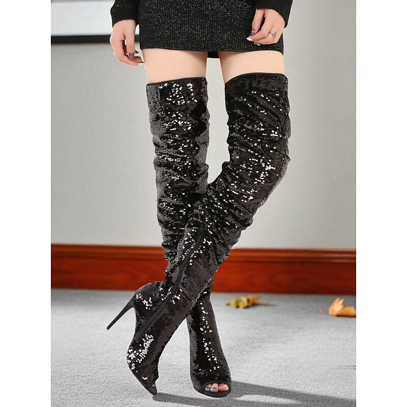 Women's Gold Sequin Thigh High Boots - Glamorous Peep Toe Stiletto Heels for Nightlife & Party Outfits3