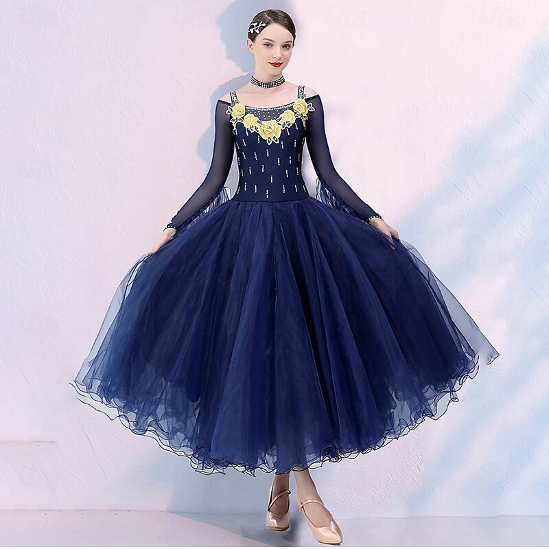 Ballroom Dance Dress Embroidery Rhinestones Women's Performance Long Sleeve Waltz Modern Dance Costumes