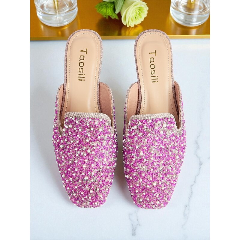Women's Pink Rhinestone and Pearl Embellished Mules - Glamorous Nightlife Party and Clubwear Shoes4