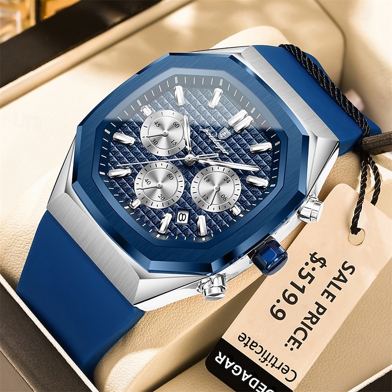 POEDAGAR Business Watch For Men Waterproof Luminous Chronograph Date Man Wristwatch Silicone Strap Quartz Men's Watches 8933