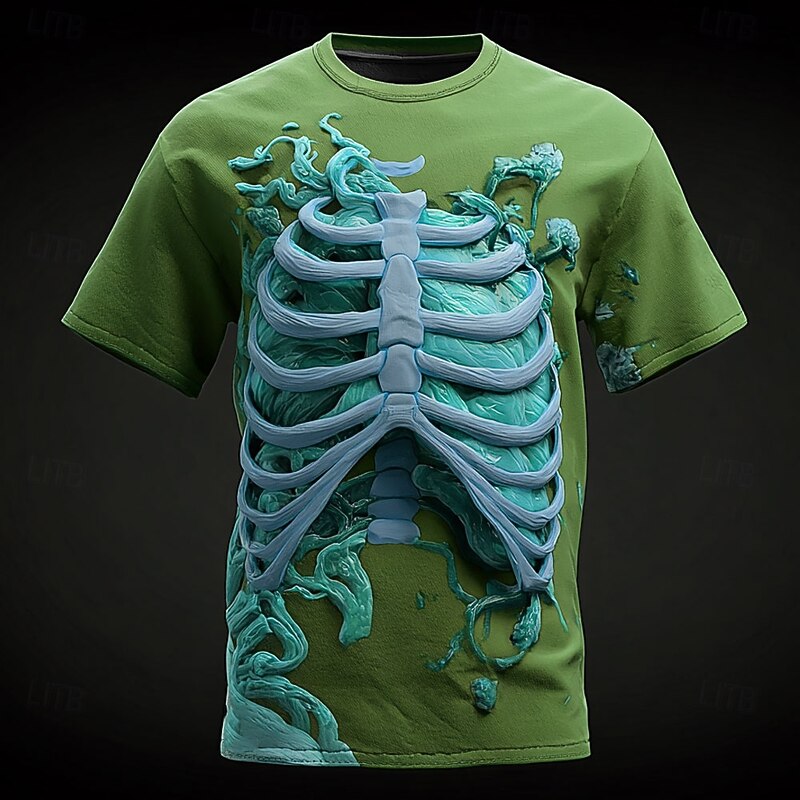Halloween Men's Optical Illusion 3D Skeleton T Shirt Short Sleeve T shirt 3D Print Crew Neck Shirt Exaggerated Designer Horror Party Street Holiday Blue Purple Brown Summer Spring All Seasons