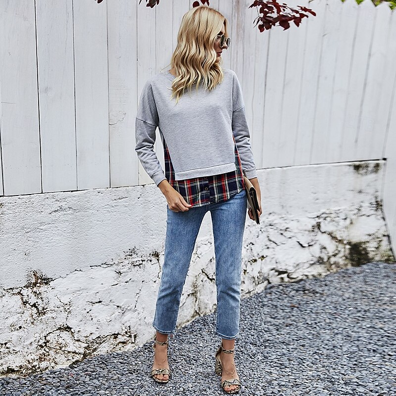 Women's Hoodies Plaid Casual Long Sleeve Crew Neck Regular Tops Casual Patchwork Light Grey Dark Gray Fall4