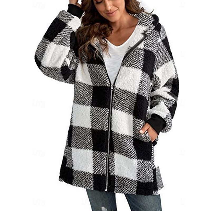 Women's Fleece Jacket Casual Jacket Hoodie Jacket Comfortable Breathable Zipper Pocket Print Casual Plaid Vacation Street Casual Daily Wear Zipper Long Hooded Loose Fit Long Sleeve Outerwear Black3
