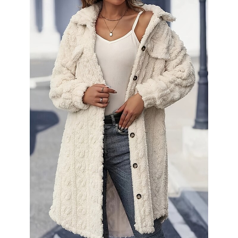 Women's Winter Coat Sherpa Jacket Comfortable Breathable Buttons Casual Plain Vacation Street Casual Daily Wear Single Breasted Long Turndown Regular Fit Long Sleeve Outerwear White Spring Fall4