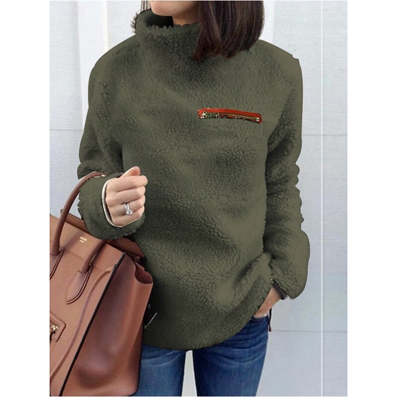 Women's Blouse Solid Color Stylish Casual Long Sleeve High Neck Regular Tops Daily Zipper Pink Wine Army Green Apricot Gray Spring Fall Winter2