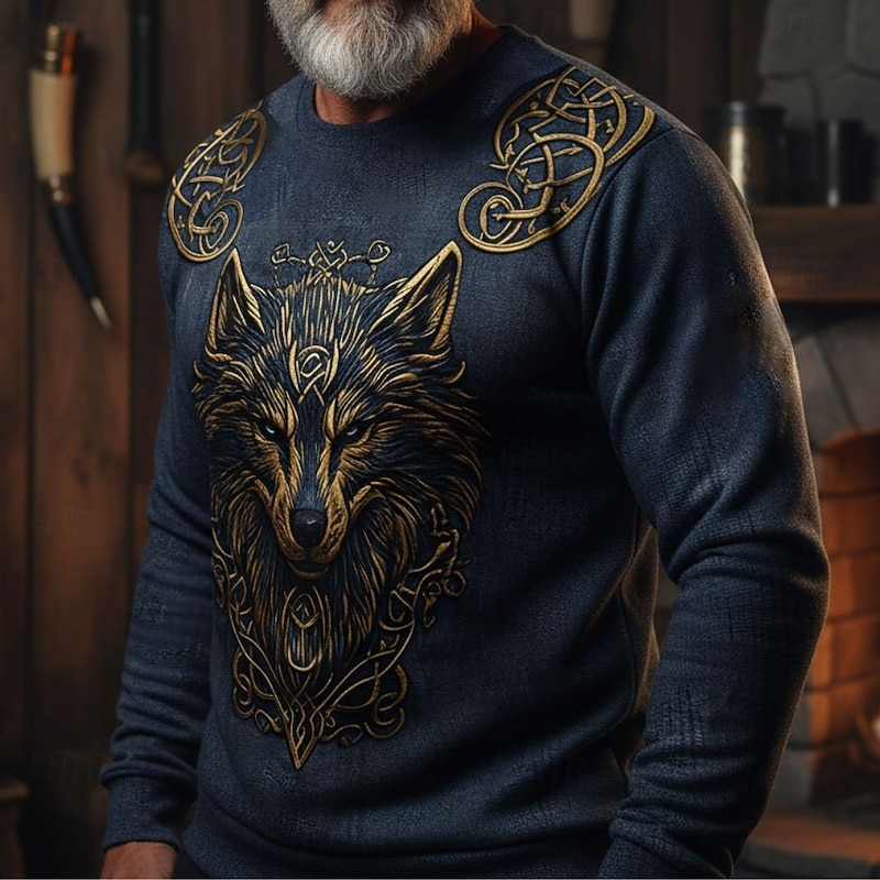 Men's Sweatshirt Black Blue Crew Neck Wolf Celtic Knot Print Casual Daily Holiday Vintage Viking Fall Winter Clothing Apparel Hoodies Sweatshirts